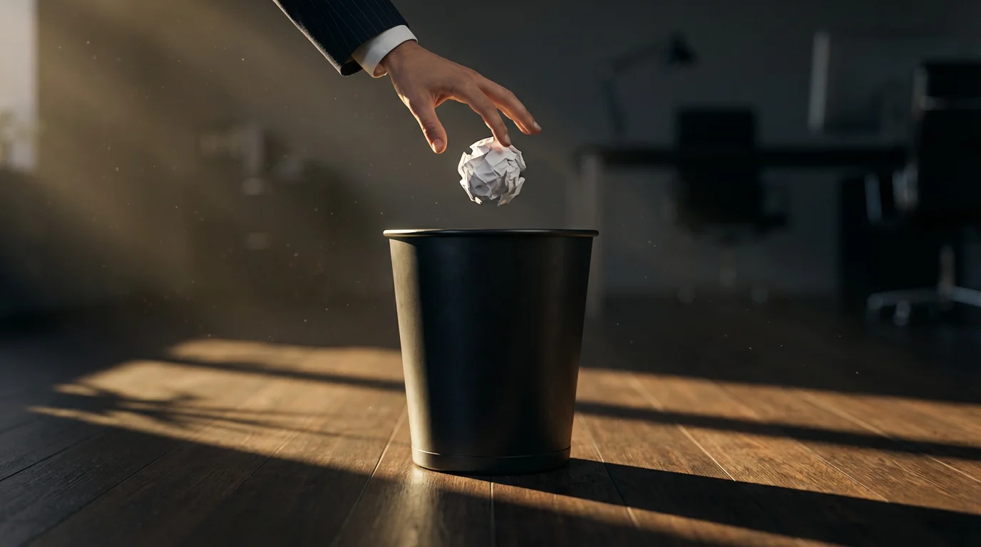 Crumpled paper being dropped into a wastebasket in moody office lighting.