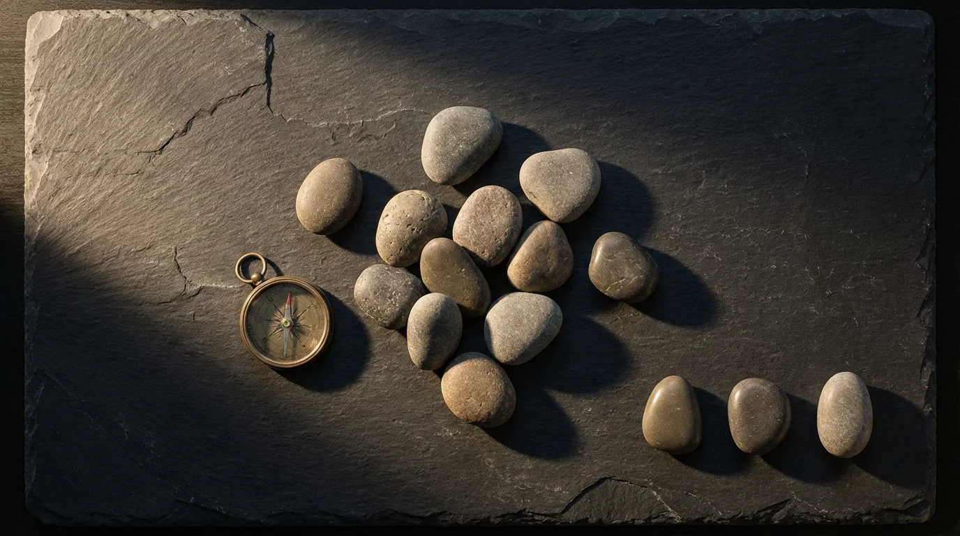 Dark flat lay photo showing river stones and an antique compass, symbolizing shifting values.