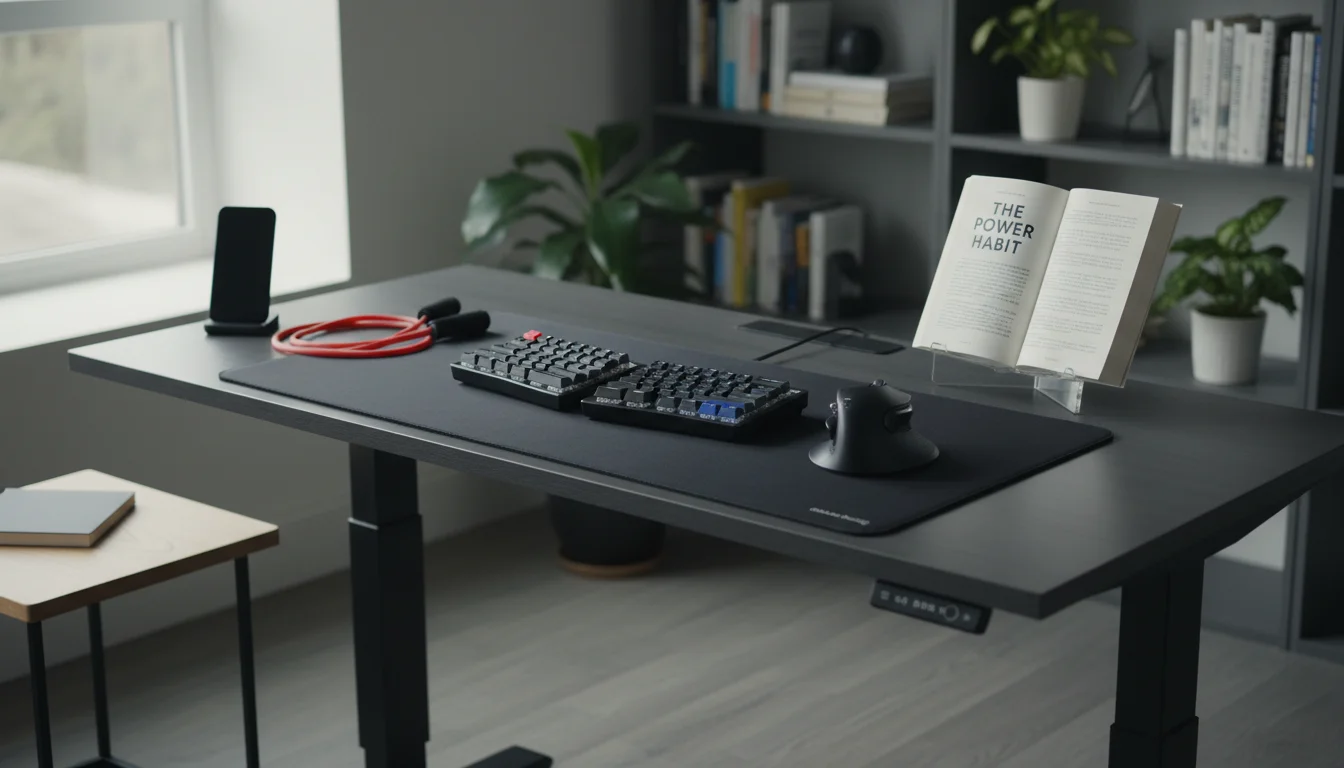 A dark grey standing desk with an ergonomic keyboard, mouse, a coiled resistance band, and an open book. A phone charging dock is on a nearby side tab
