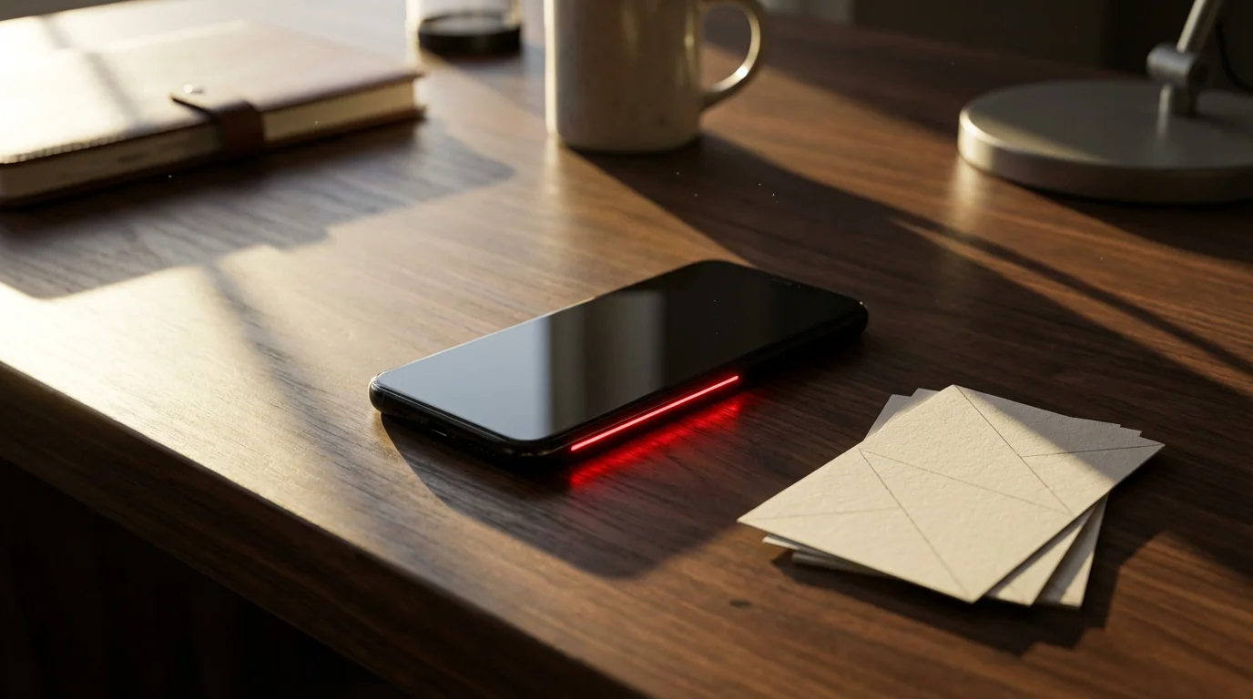 Dark smartphone on a wooden desk with a glowing red edge, symbolizing urgent notification bypass.
