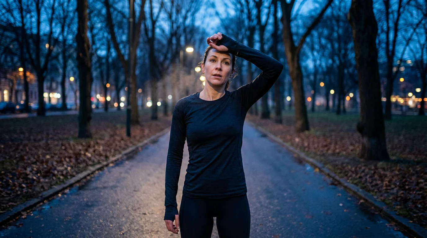 Dedicated woman pausing after a run during blue hour in an urban park, focused on her 10k fitness goal.