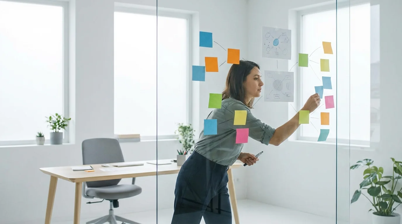 Designer arranging blank sticky notes on a glass wall to create a visual mind map.