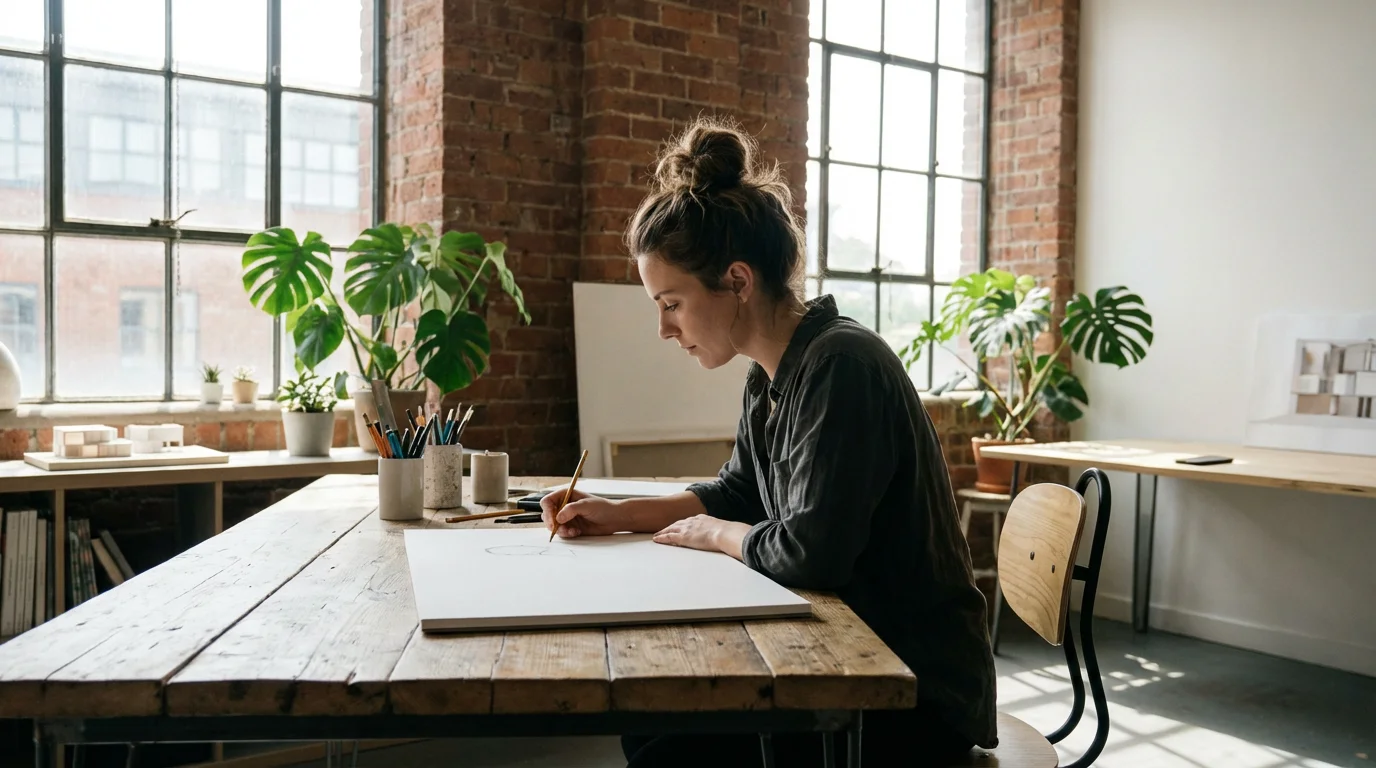 Designer working in a sunlit studio with smartphone placed far away for focus.