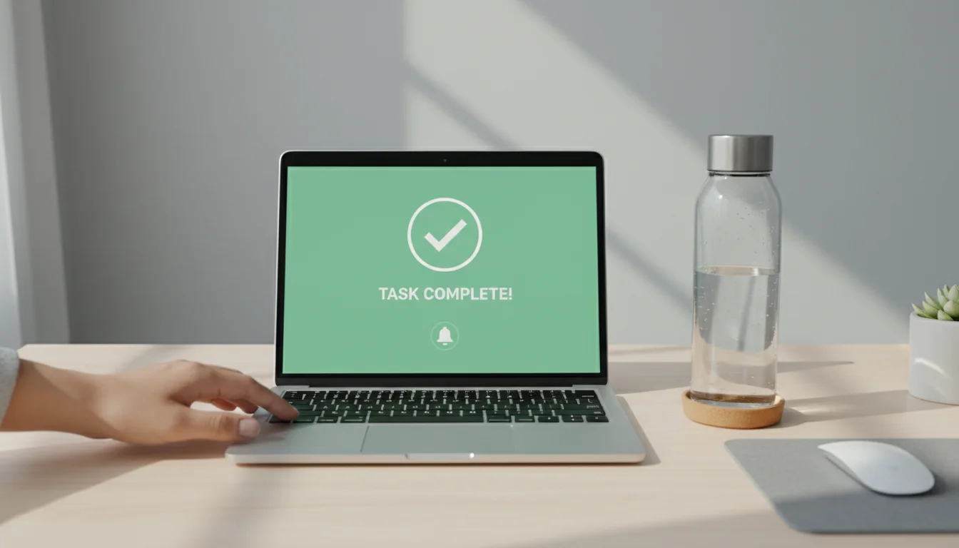 Overhead view of a desk with a laptop showing a completed task and a hand reaching for a water bottle.