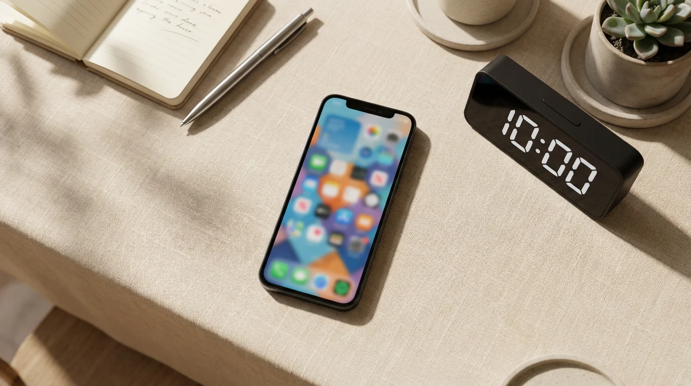 Digital timer set next to a scrolling smartphone and an open journal on a beige linen surface.
