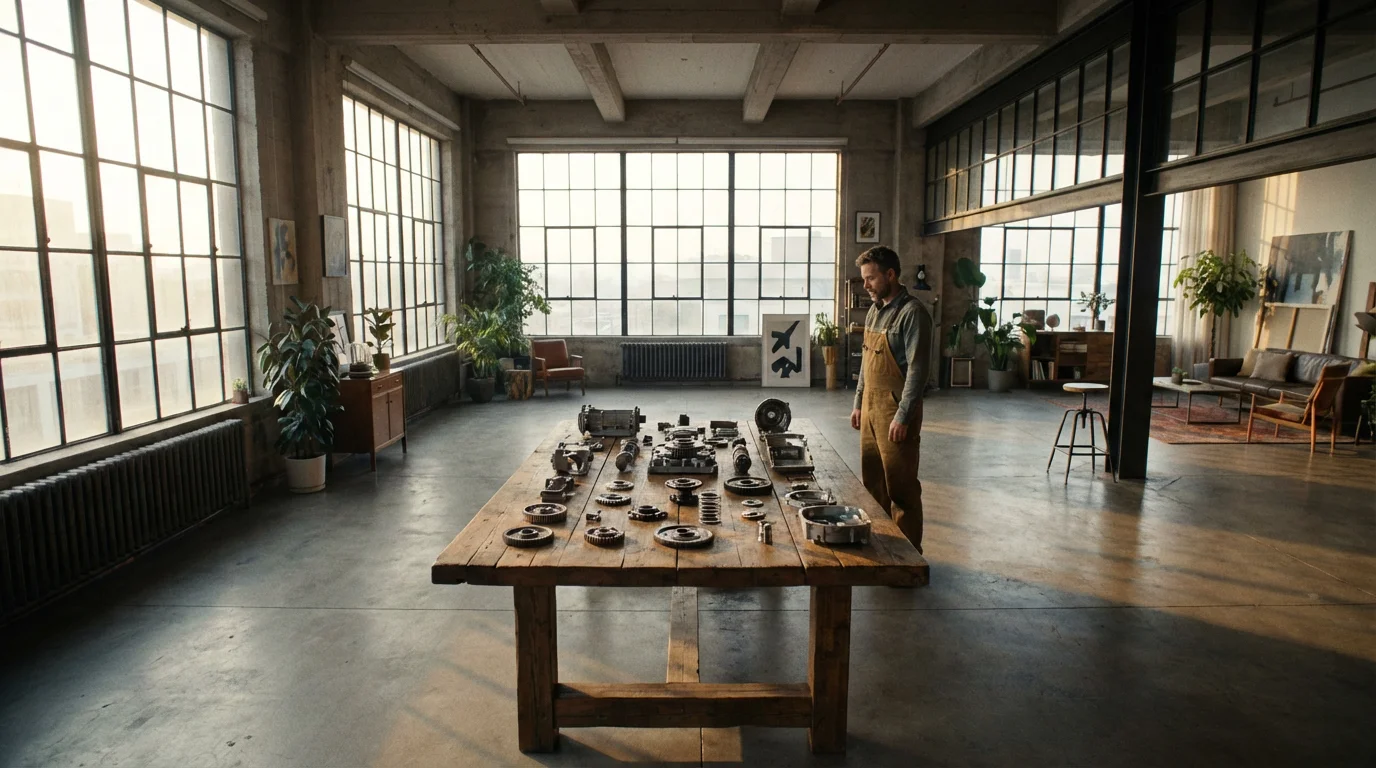 Disassembled mechanical parts arranged neatly on a table in a sunlit modern studio.
