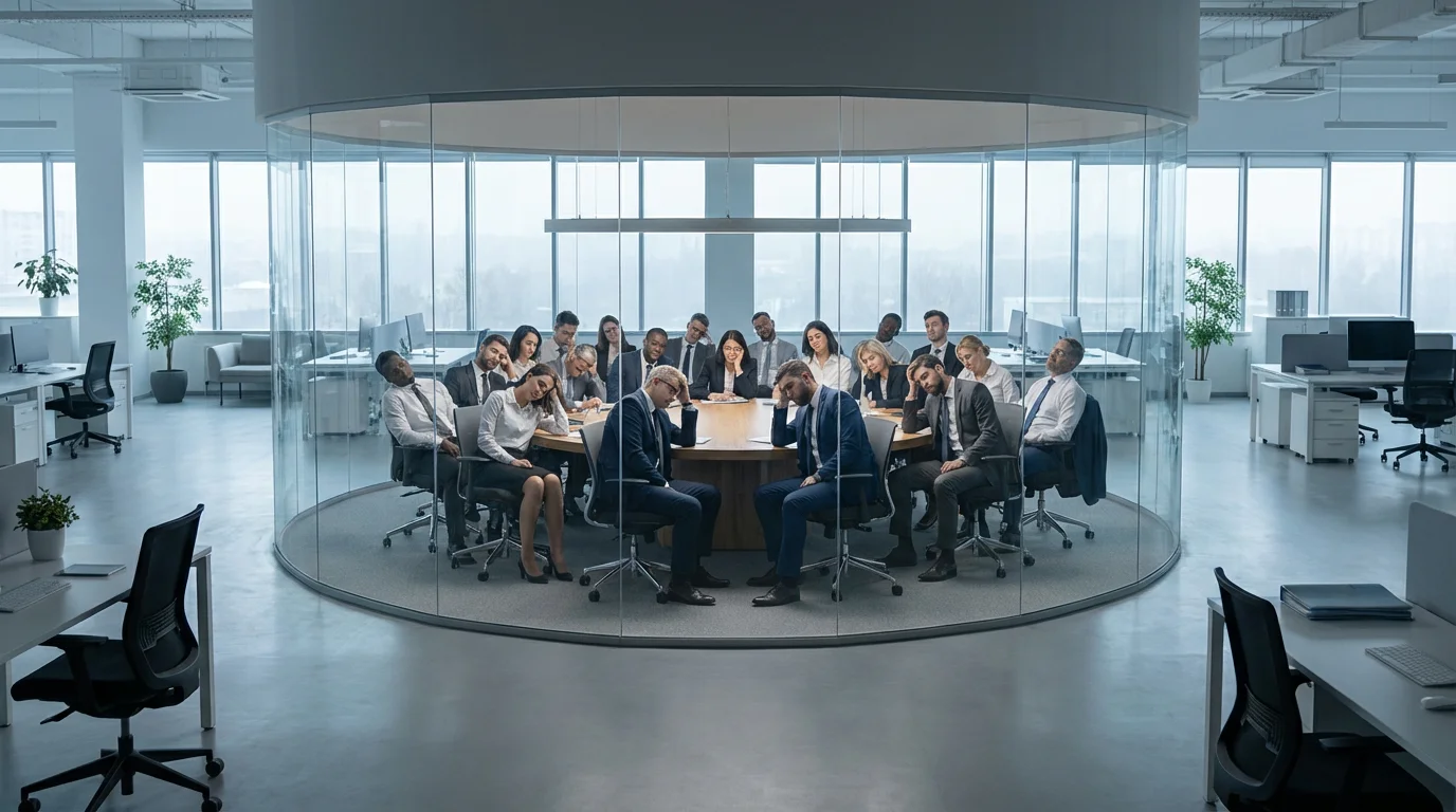 Disengaged employees sitting in a crowded glass conference room in a modern office.