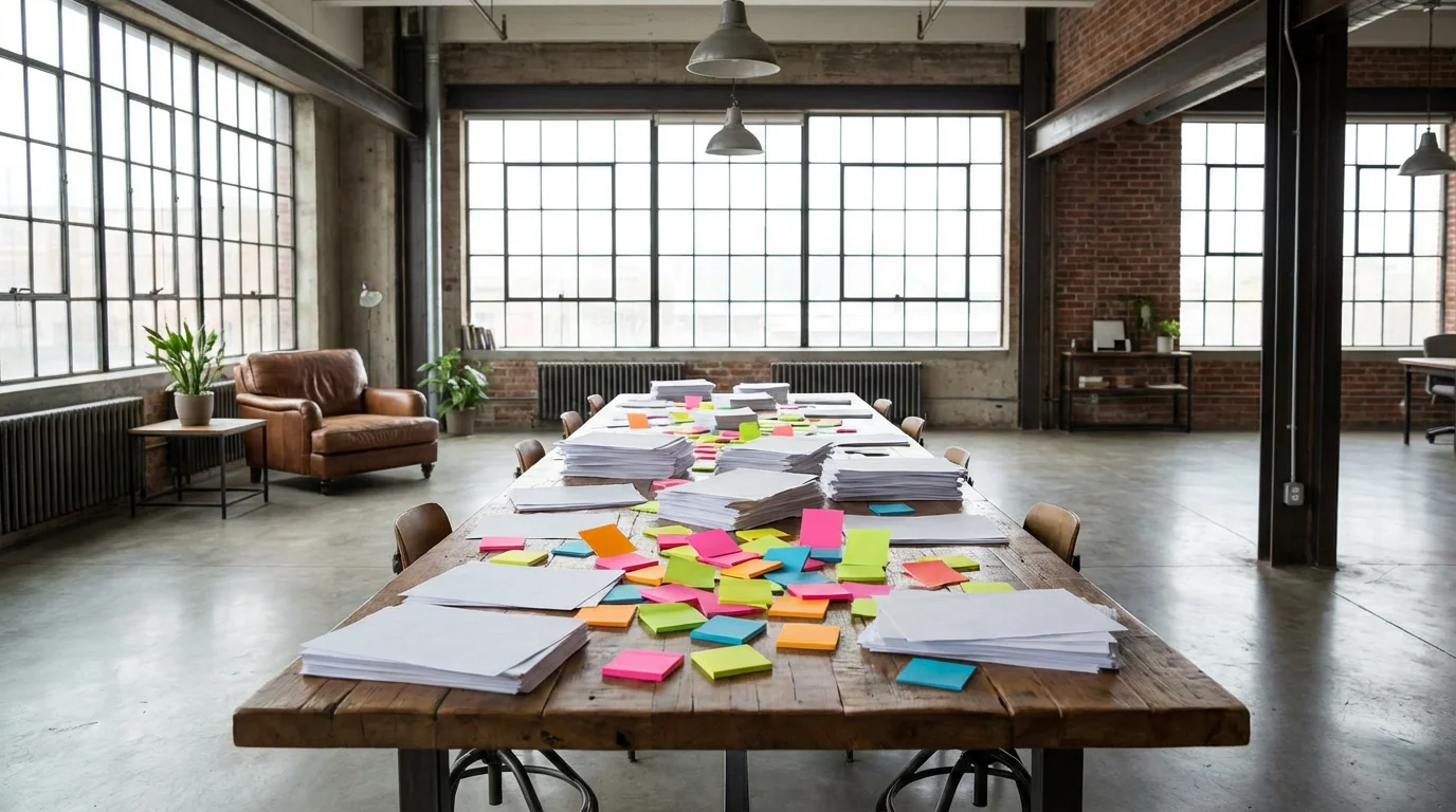 Disorganized office desk covered in blank sticky notes within a modern industrial loft.