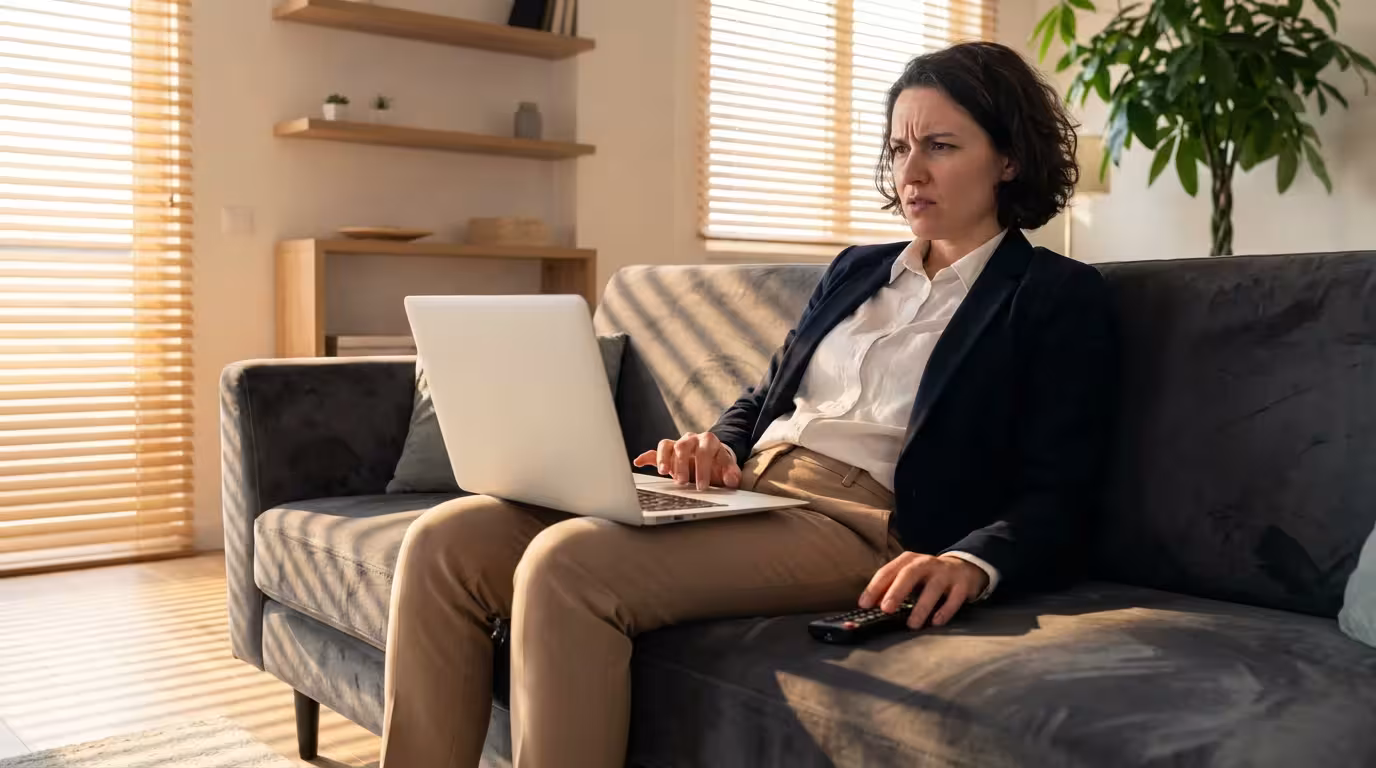Distracted person sitting on sofa with laptop looking off camera during golden hour