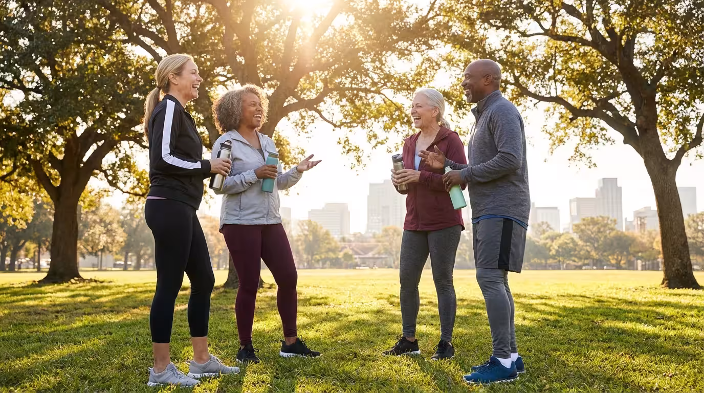Diverse group of friends talking supportively in a park during a sunny morning.