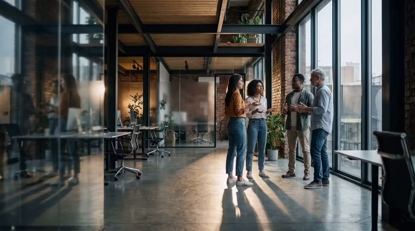 Diverse professional team holding a quick stand-up meeting in a modern sunlit office.