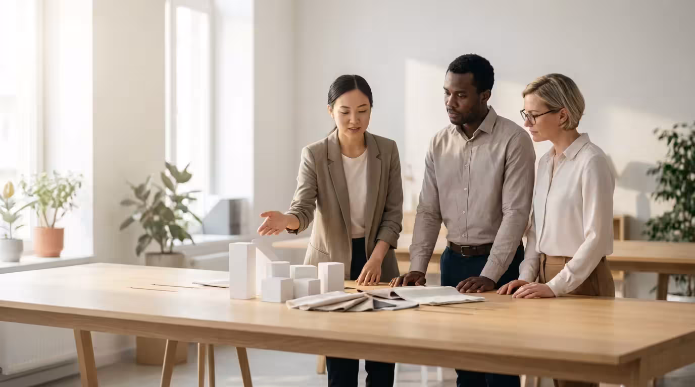 Diverse professionals discussing abstract project models in a sunlit modern office.