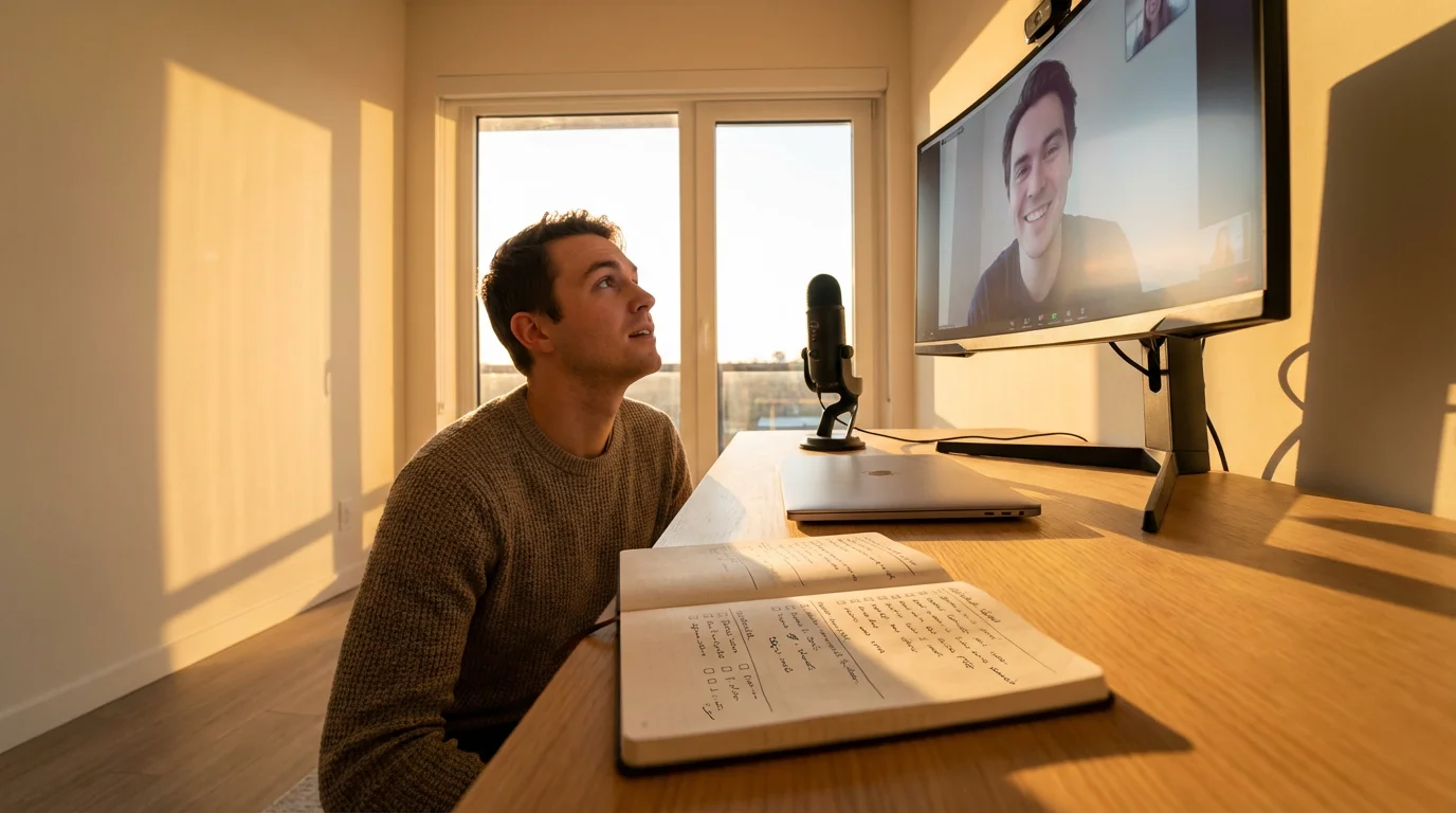 Diverse remote employee on a video call check-in, focused on structured onboarding documentation in golden hour light.
