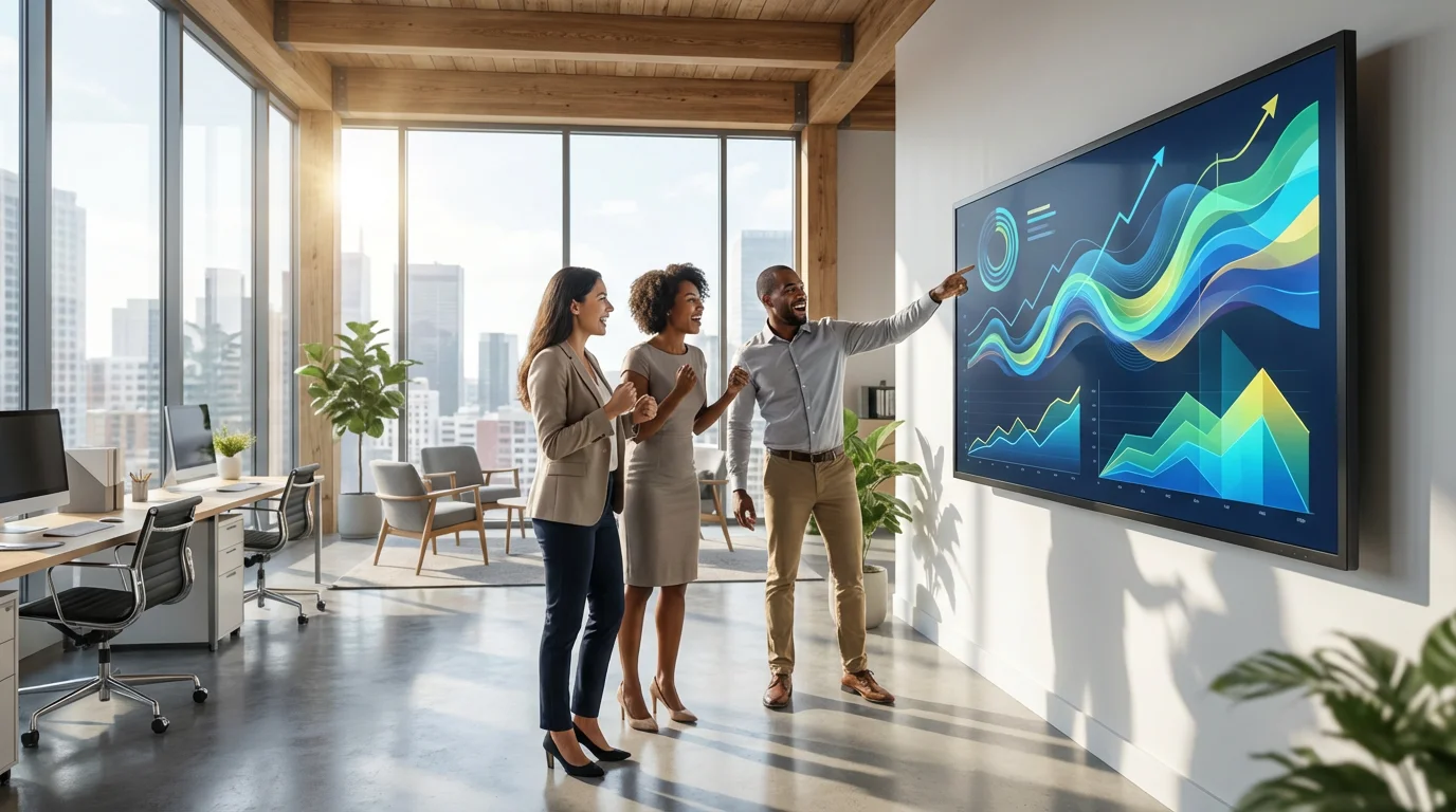 Diverse team celebrating successful product launch and reviewing positive, abstract data in a modern office.
