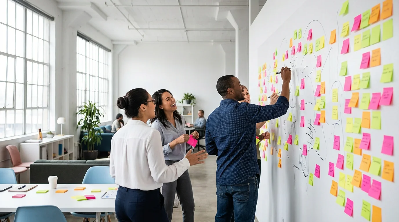 Diverse team quickly filling a collaborative wall with colorful sticky notes during a high-energy brainstorming session.
