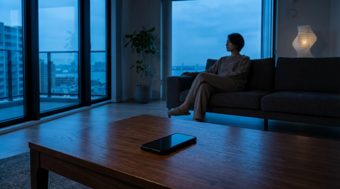 Dormant smartphone on coffee table in blue evening light with person relaxing in background