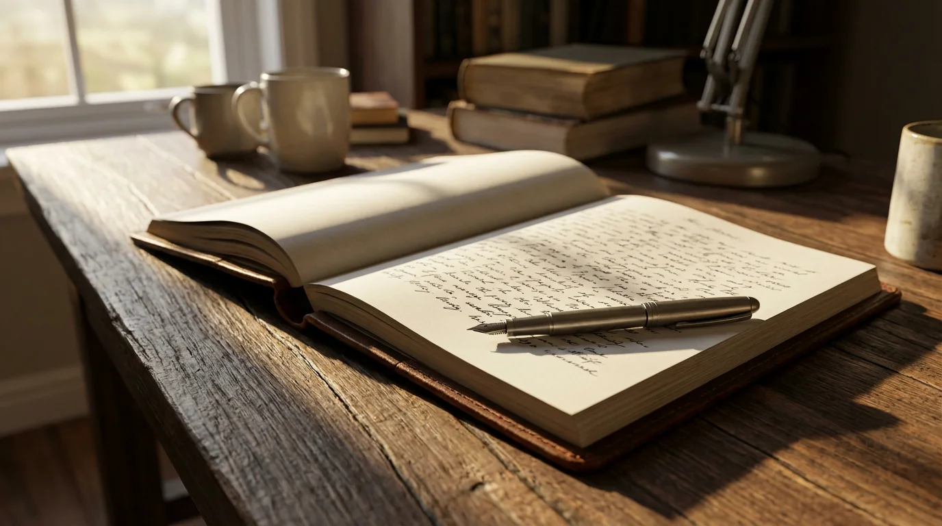 Editorial photograph of a journal and pen on a dark wood desk, symbolizing daily flow habit formation.