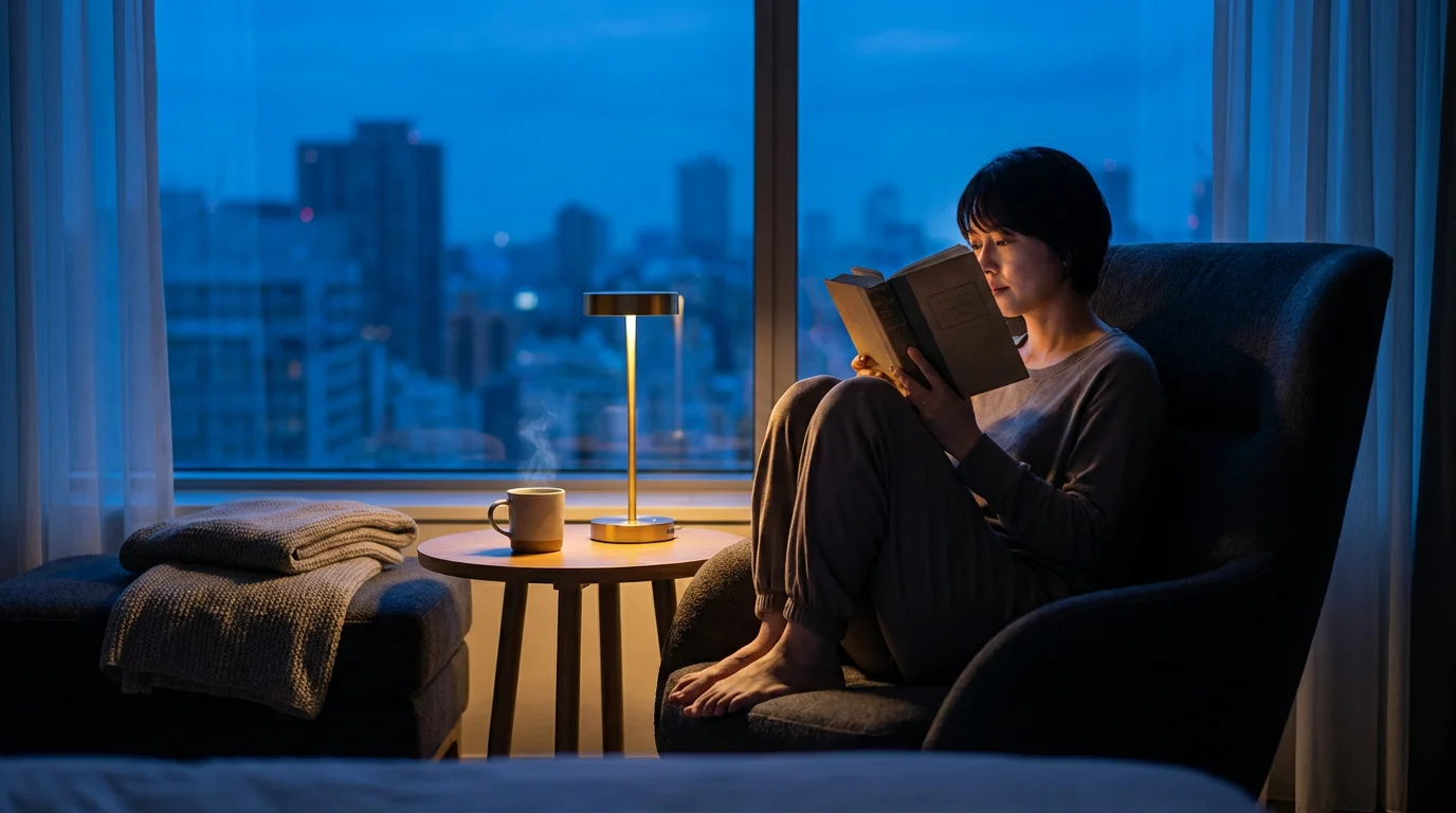 Editorial photograph of a person reading a book during blue hour in a comfortable evening routine.