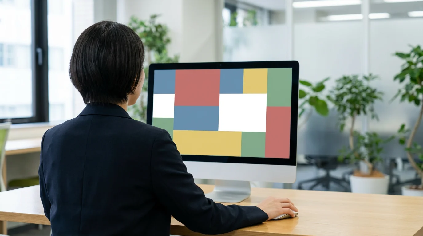 Employee viewing abstract empty calendar blocks on computer monitor over shoulder.