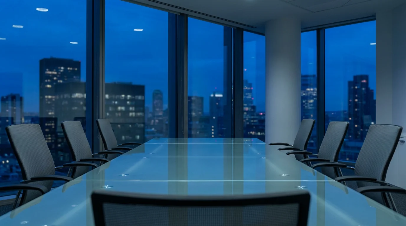 Empty modern conference room at twilight with city skyline view representing timely meeting conclusion