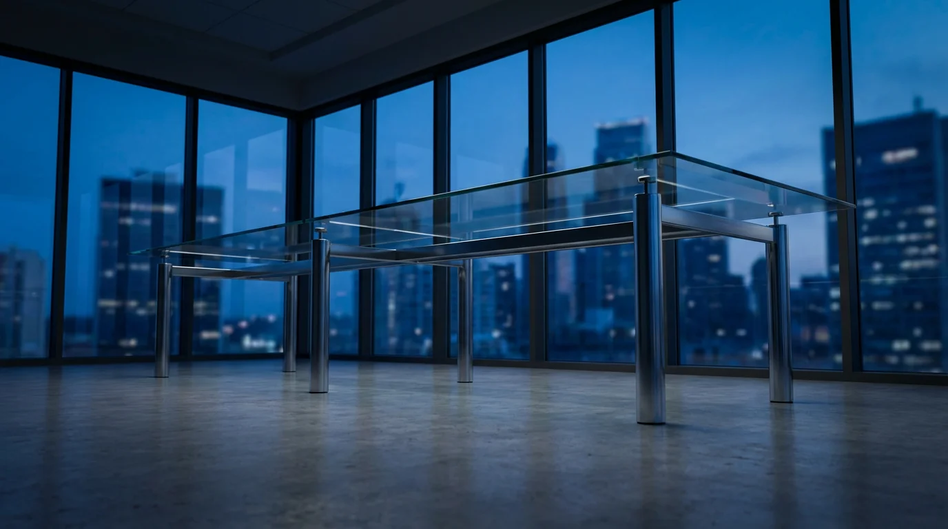 Empty modern conference room with glass table during blue hour twilight.
