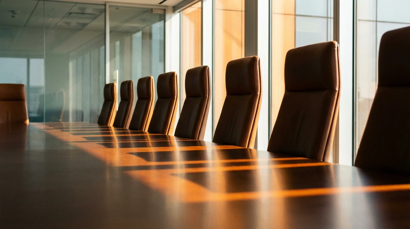 Empty modern conference table bathed in warm golden hour sunlight.