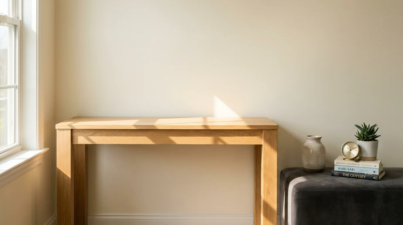 Empty wooden console table next to a pile of home decor items to be sorted