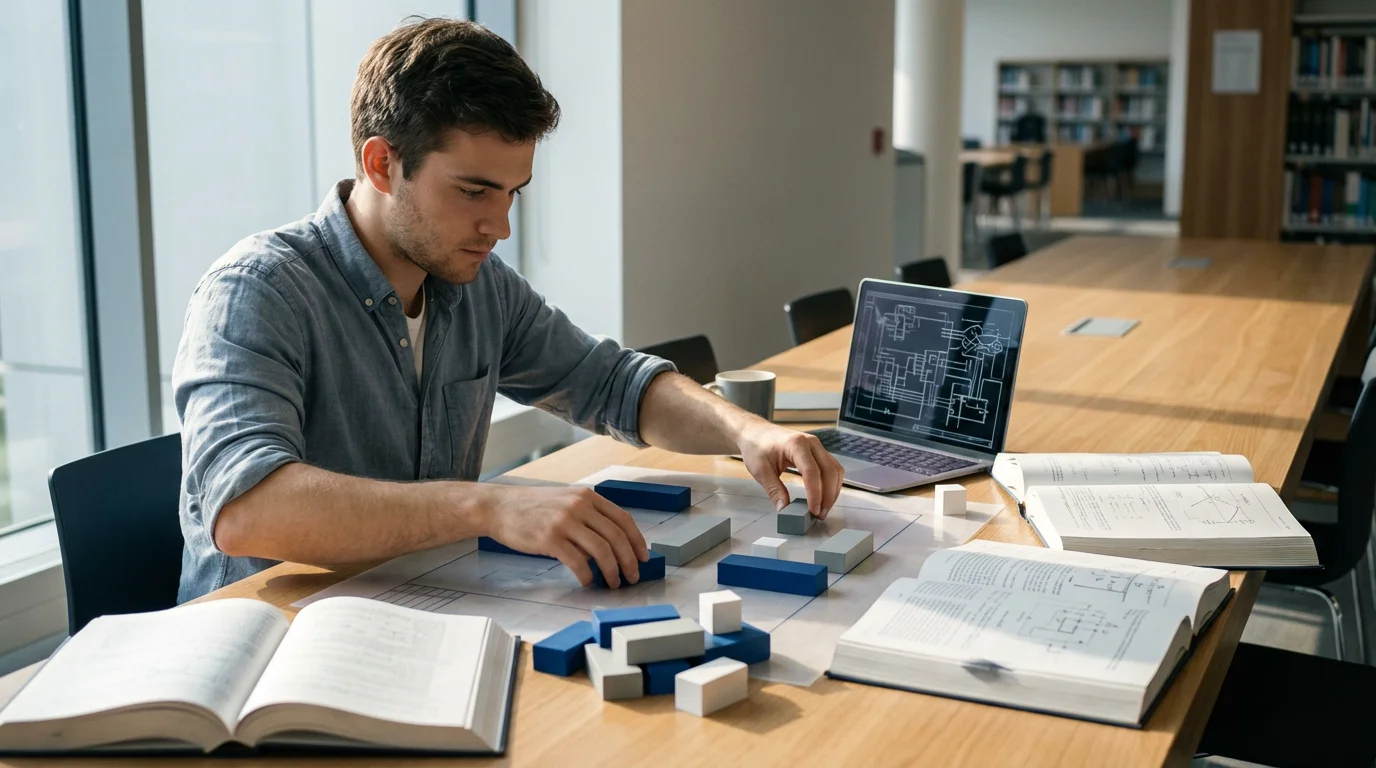 Engineering student actively using color-coded blocks on a physical schedule to prioritize complex commitments.