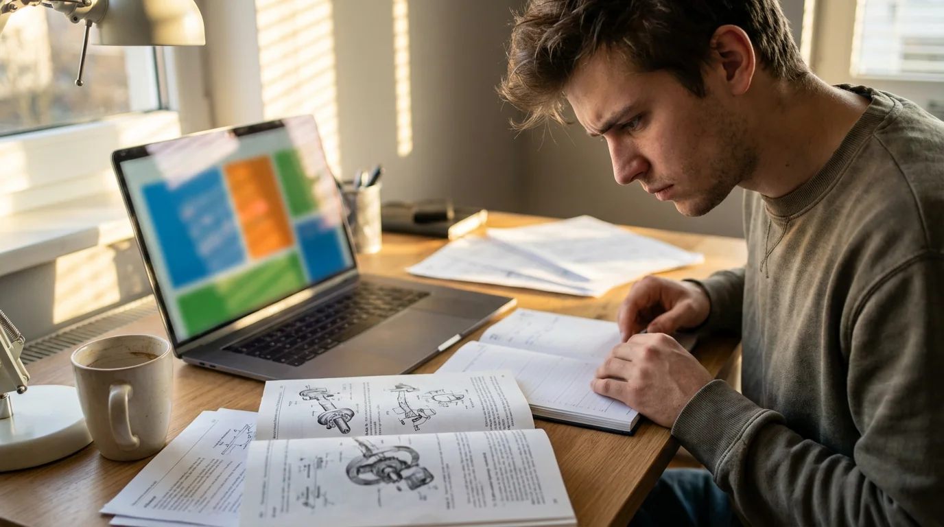 Engineering student using a time-blocked schedule for intense study in moody light.