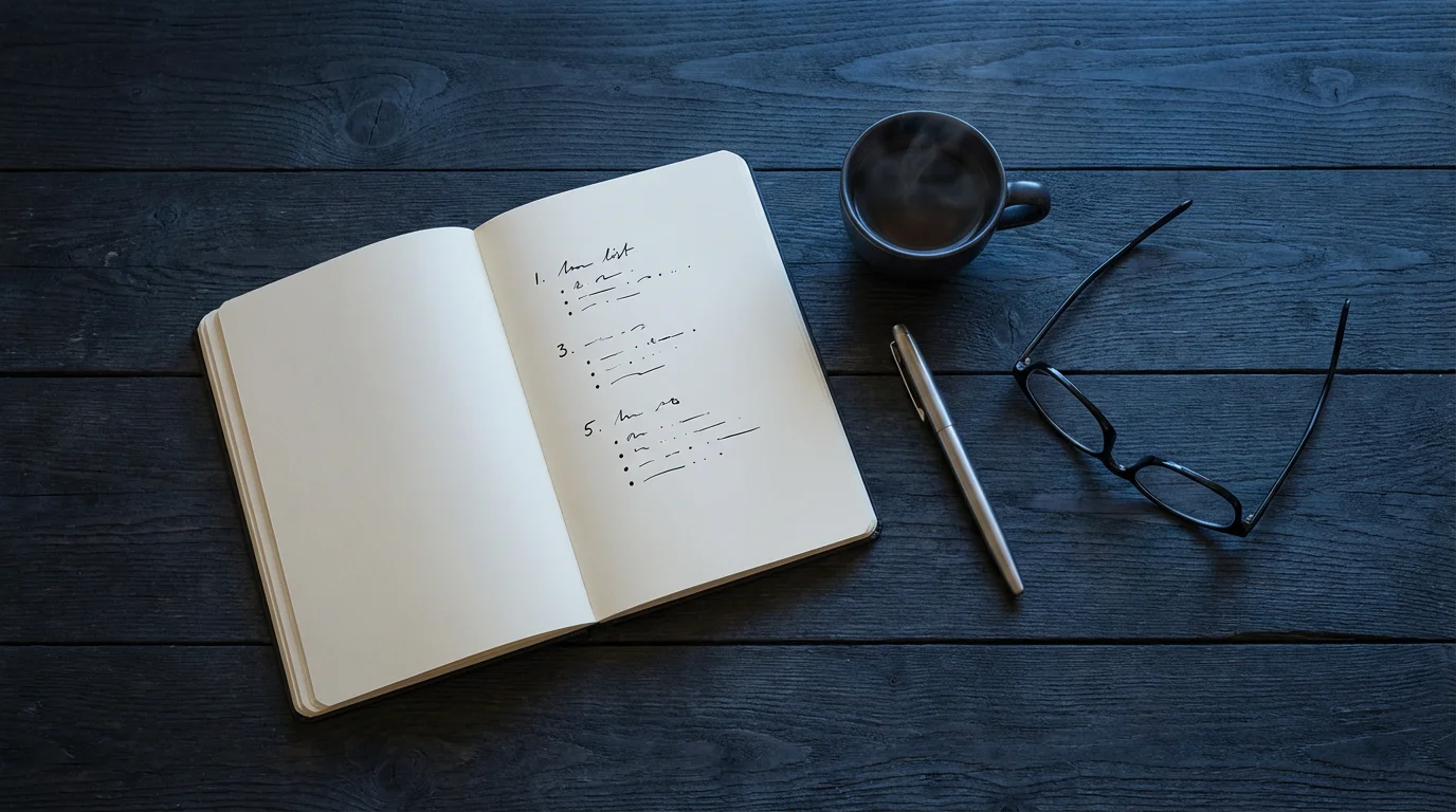 Evening wind-down flat lay with journal, teacup, and reading glasses in cool blue light.