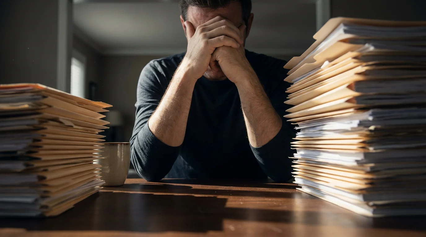 Exhausted person resting their head on their hand, overwhelmed by tall stacks of office paperwork.