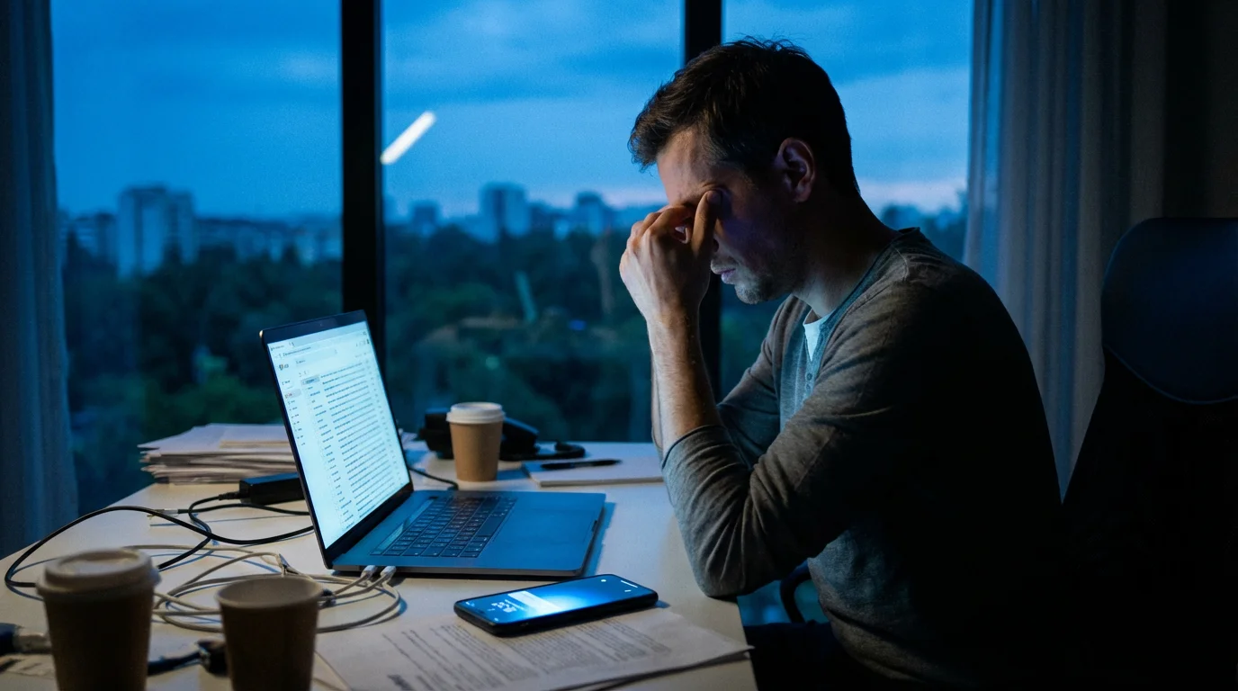 Exhausted person rubbing temples in front of glowing screens during blue hour.