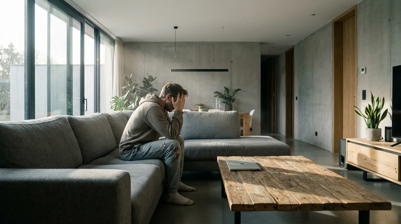 Exhausted person sitting alone in a sunlit living room representing professional burnout.