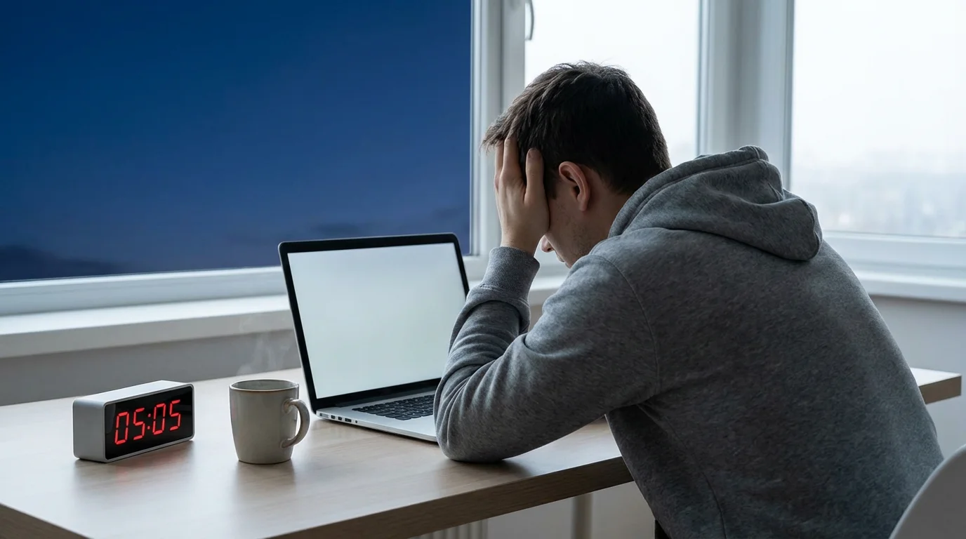 Exhausted person struggling to work at 5 AM on a laptop, viewed over-the-shoulder.