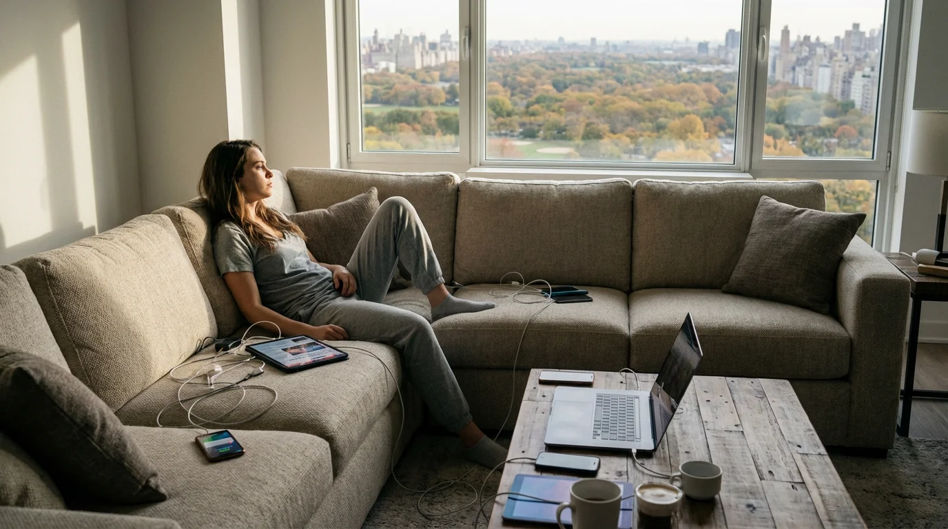 Exhausted woman sitting on a sofa surrounded by multiple digital devices in a living room.