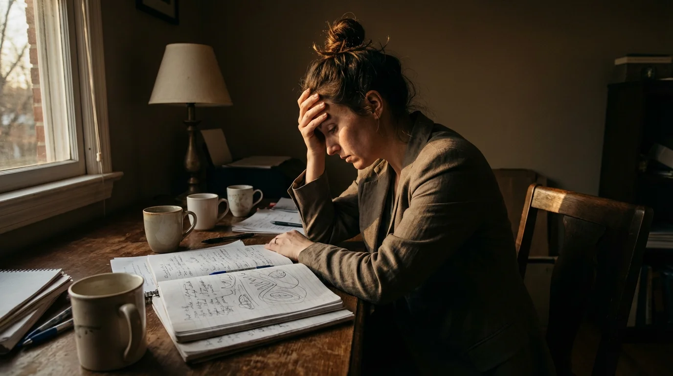 Exhausted woman working late at a cluttered desk with long afternoon shadows.