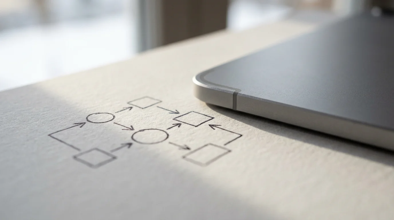 Extreme close-up macro shot of a structured workflow diagram next to a modern communication device.