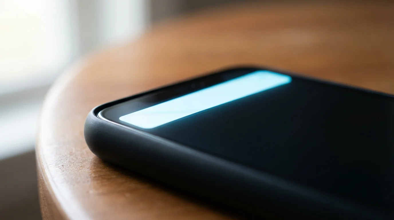 Extreme macro photo of a glowing smartphone notification symbolizing digital distraction and dopamine cue.