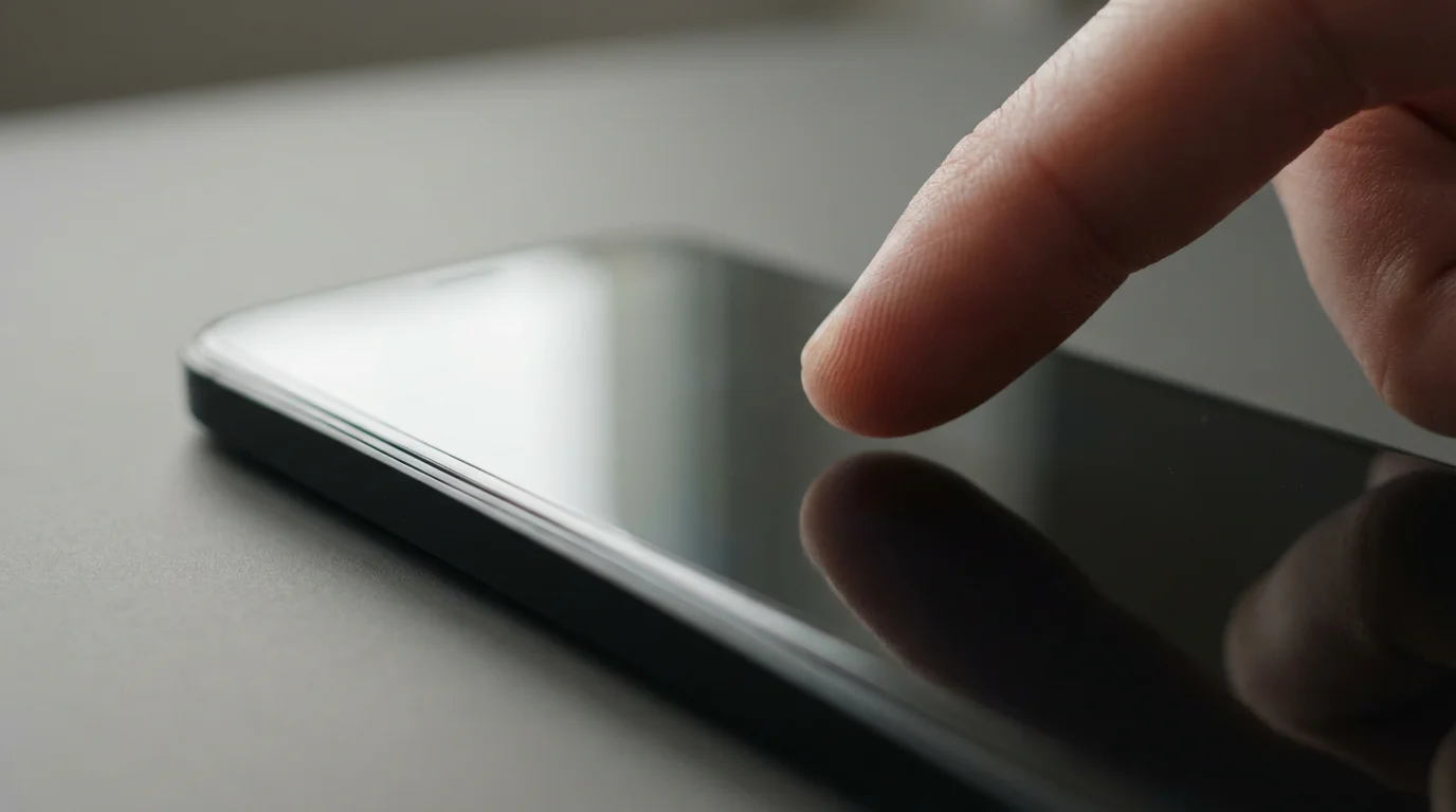 Extreme macro photograph of a finger pausing above a phone screen, symbolizing mindful hesitation.