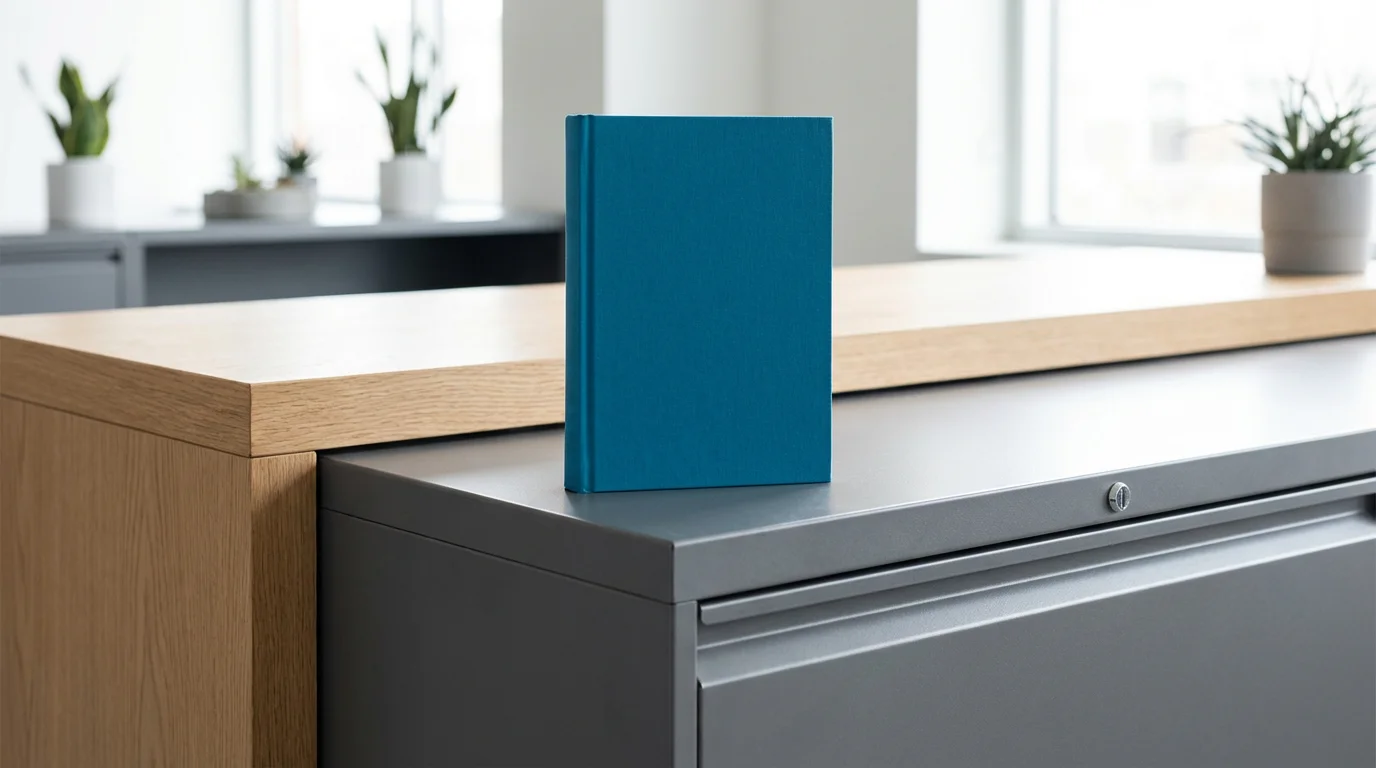 Eye-level photo of a bright cyan book placed prominently on a gray organizational cabinet in an office.