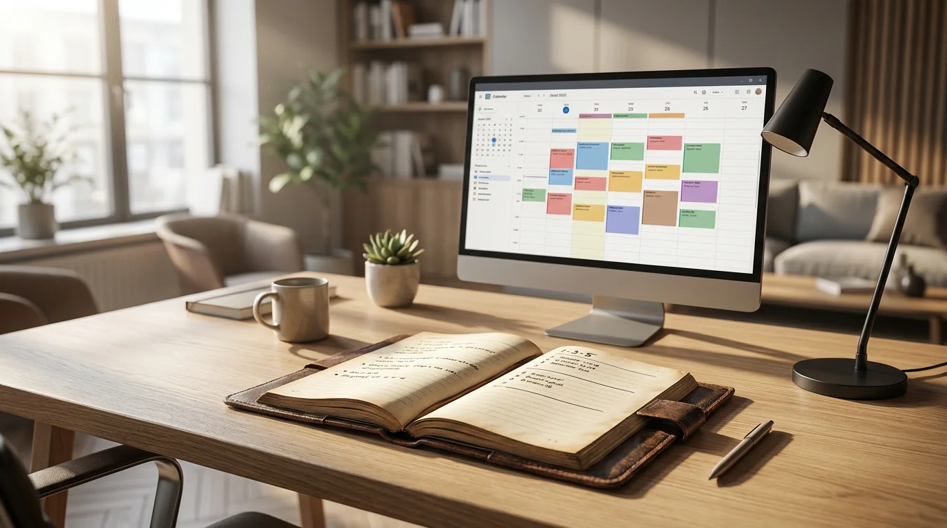 Eye-level photo of a desk showing a handwritten structured planner next to a time-blocked digital calendar.