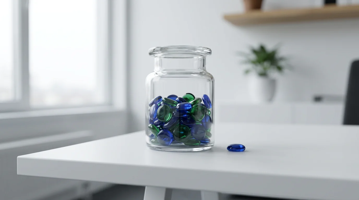 Eye-level photo of a glass jar filling with colored tokens, symbolizing habit tracking and progress.