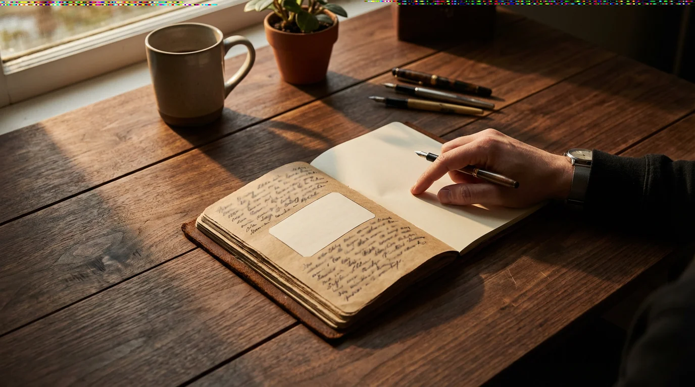 Eye-level photo of a hand pausing over an open journal page, restarting after a missed day.