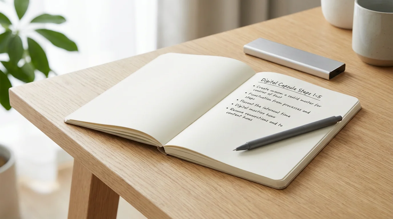 Eye-level photo of a notebook showing organization steps next to a modern solid-state drive on a clean desk.