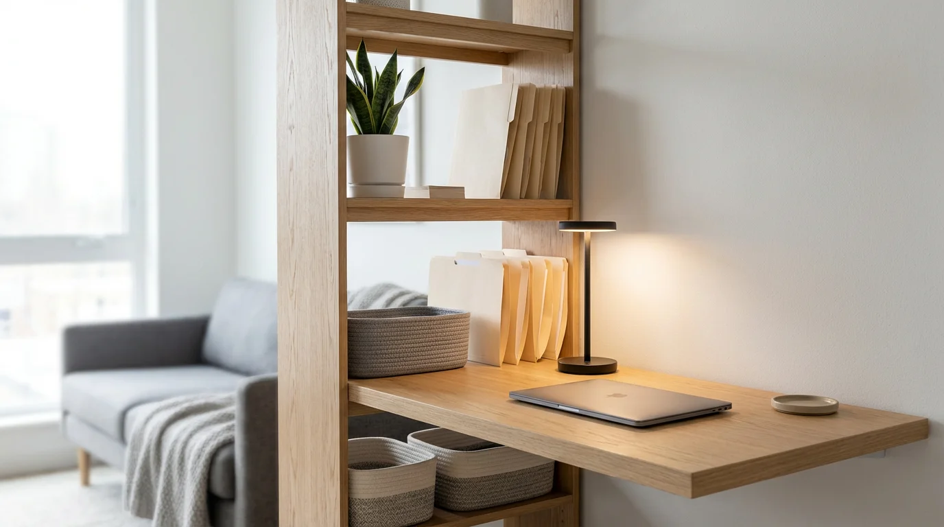 Eye-level photo of a productive small apartment corner zoned using a slim open shelving unit as a divider.