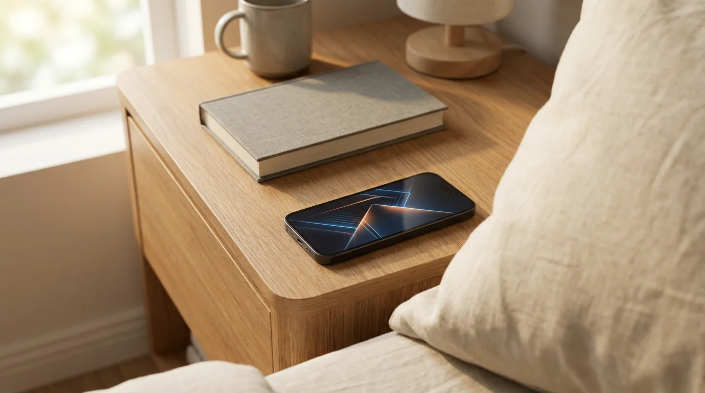 Eye-level photo of a smartphone resting too close to a pillow on a nightstand in soft morning light.