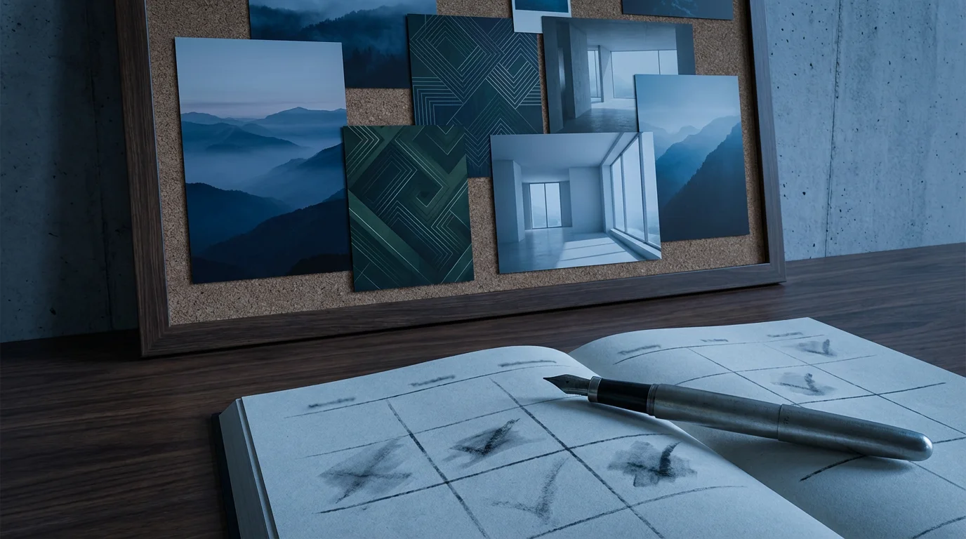 Eye-level photo of a vision board and open planner on a desk under cool Blue hour light.