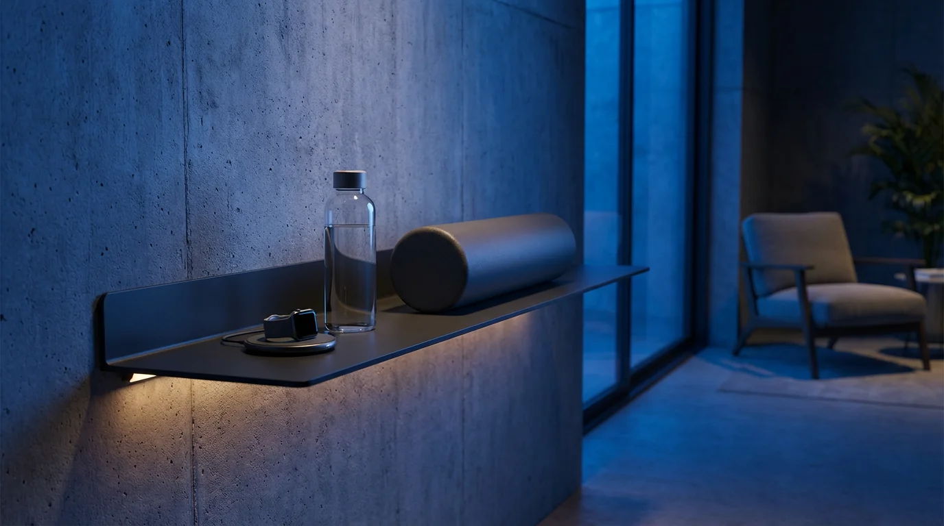 Eye-level photo of a wall shelf holding a foam roller, water bottle, and smart watch in cool blue hour light.