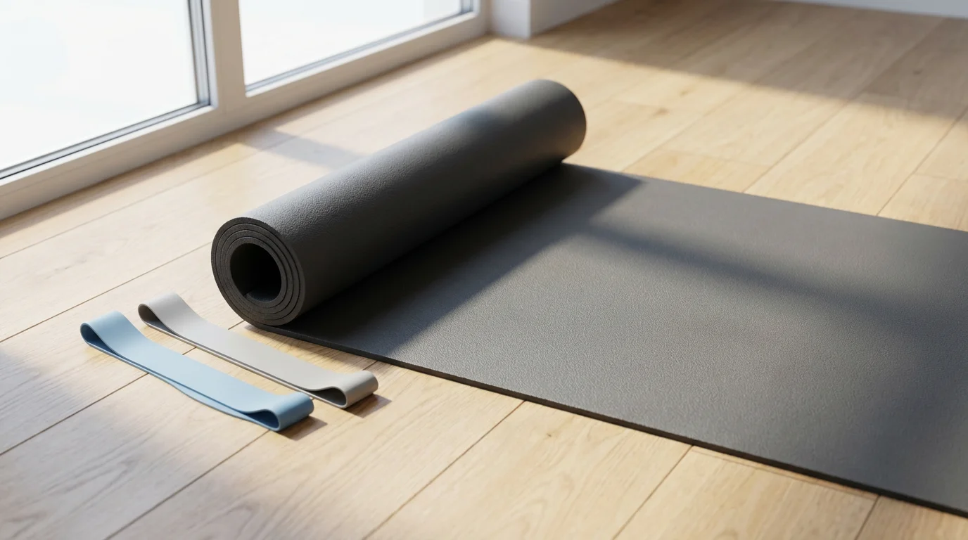 Eye-level photo of a yoga mat and resistance bands on a wooden floor near natural window light.