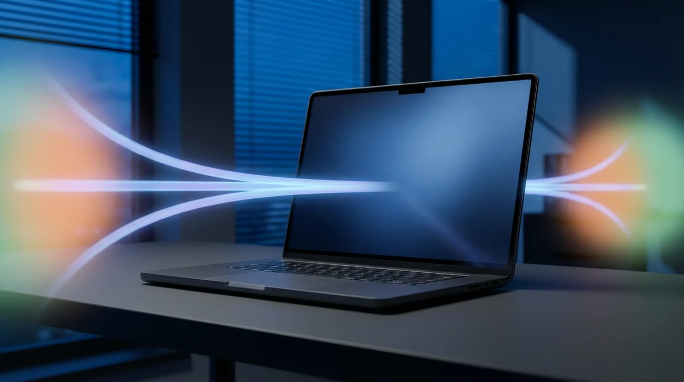 Eye-level photo of abstract light streams successfully diverting messages from a laptop screen using automated filters.